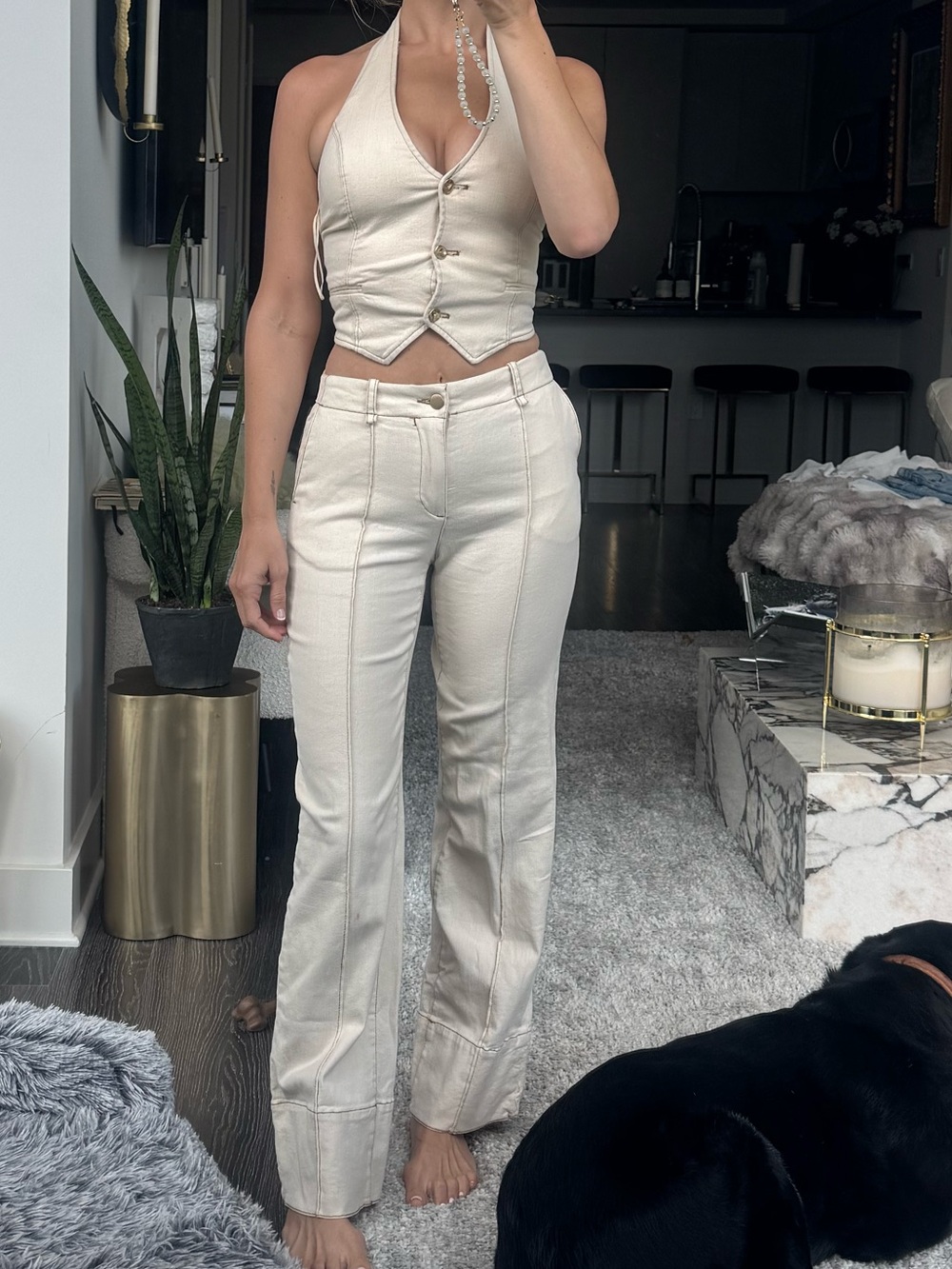 Zara Cream Straight-Leg High-Waist Pants